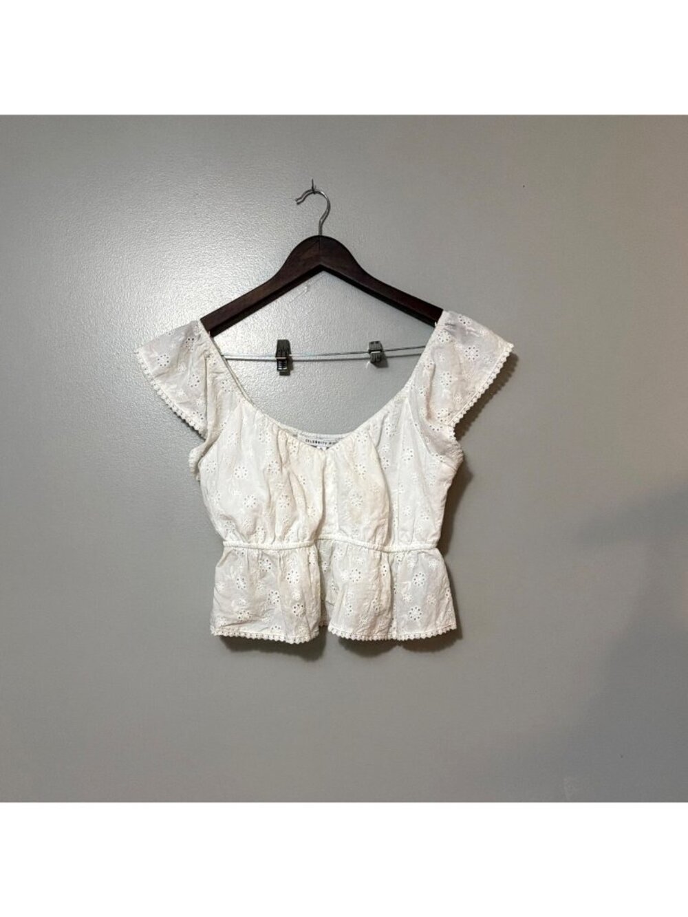 Celebrity Pink Eyelet White Ruffle Sleeve Peplum Blouse‎ Womens XL